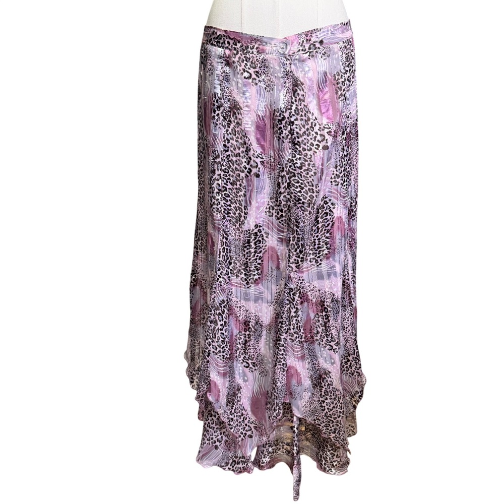 Vintage Leopard Maxi Skirt Womens 44 Pink Excellent Ruffle Asymmetrical Y2K